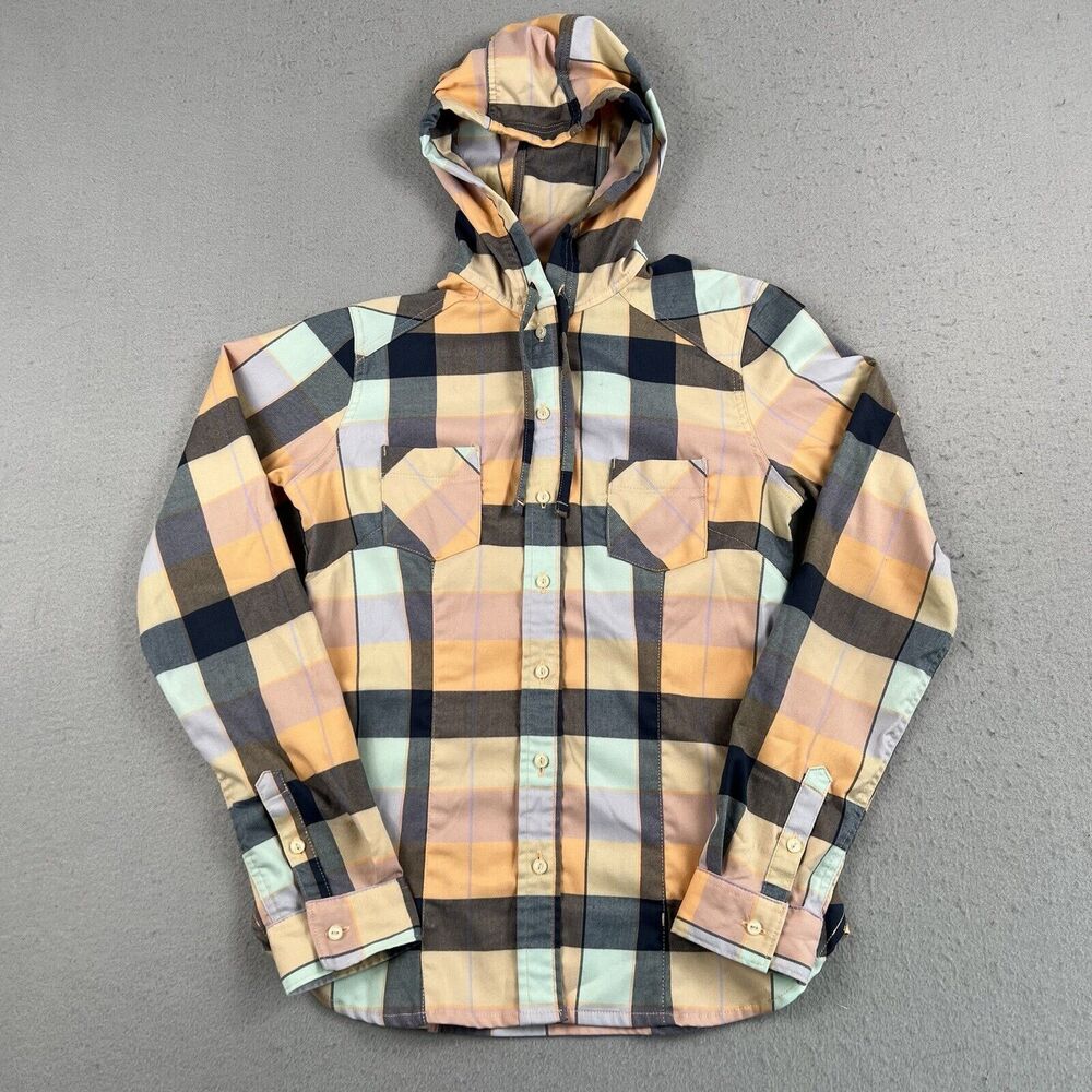 Mountain Hardwear Peach‎ Plaid Long Sleeve Button Front Hoodie Womens Size XS